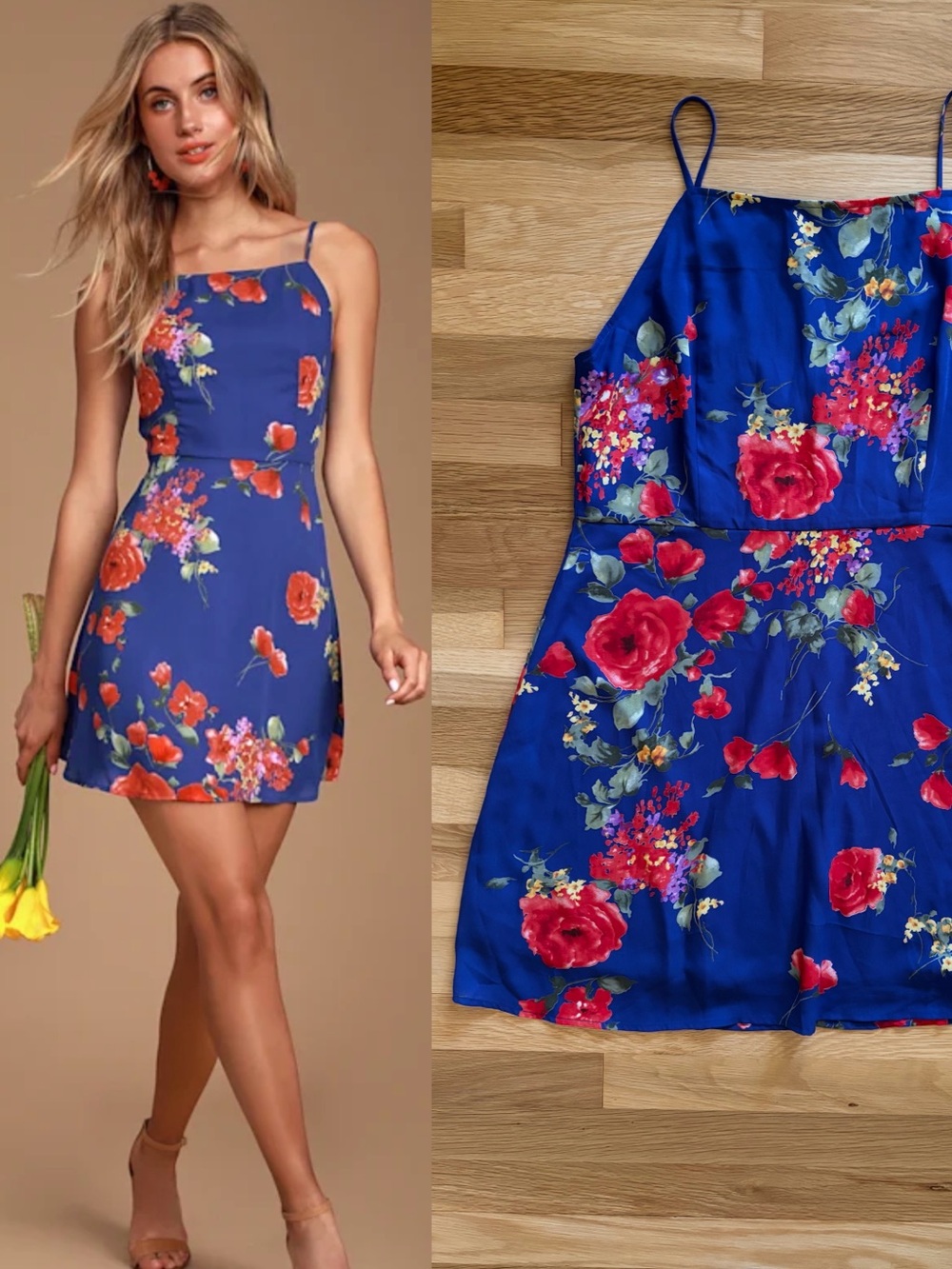 Lulu's Royal Blue Floral Spaghetti-Strap Mini Dress - High Neck, Red Floral - XL